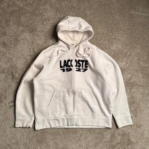 WHITE LACOSTE 1927 PATCHWORK ZIP UP HOODIE